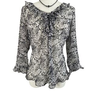 Floral Black White Silk See Through Sheer Long Sleeve Blouse Top Size 10 Vtg 90s